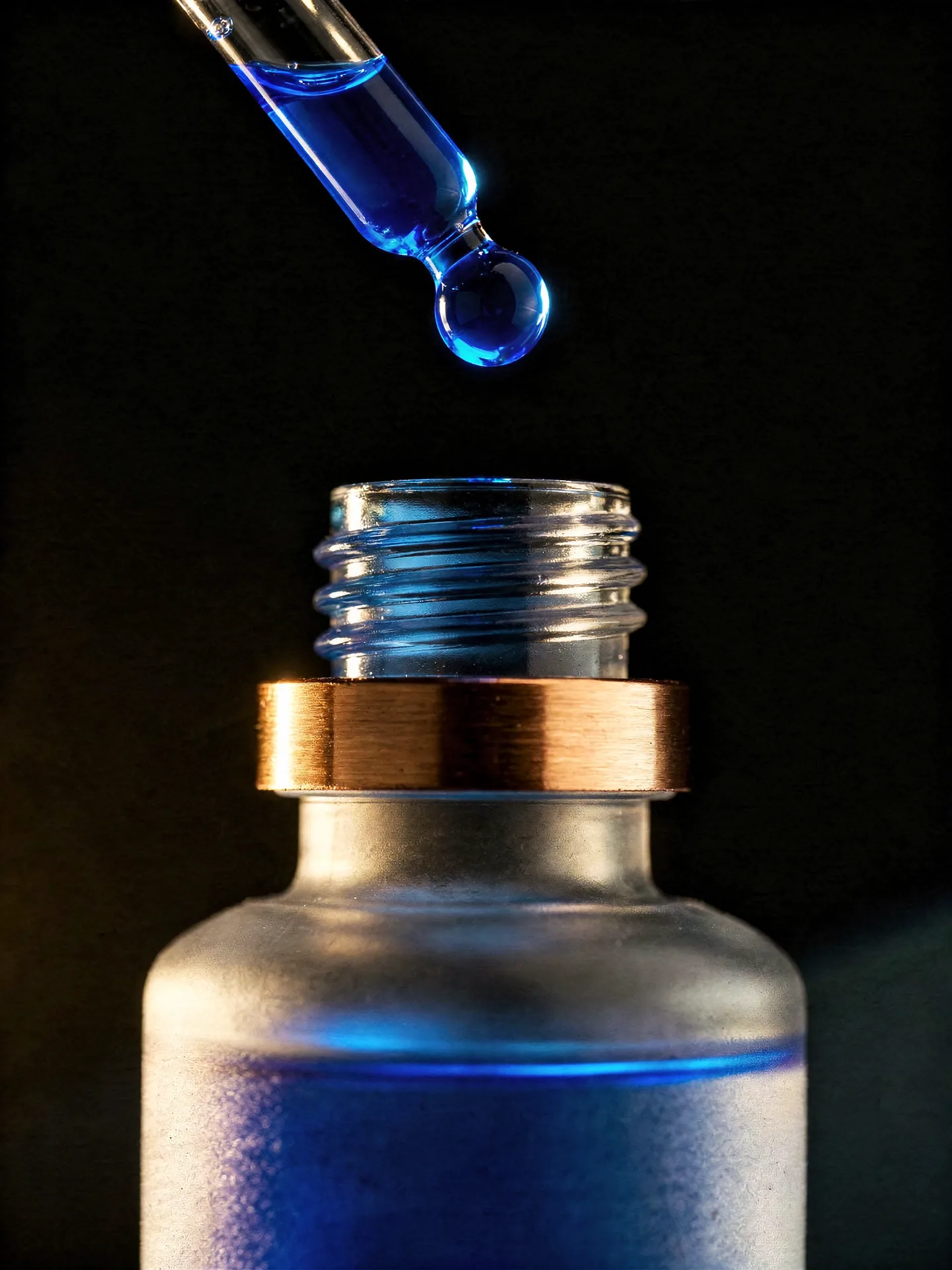 Glass dropper holding a suspended drop above the open bottle